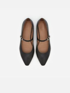 Flattered Camila Leather Black Pointed Mary Jane Flats with Buckle Strap Size 37